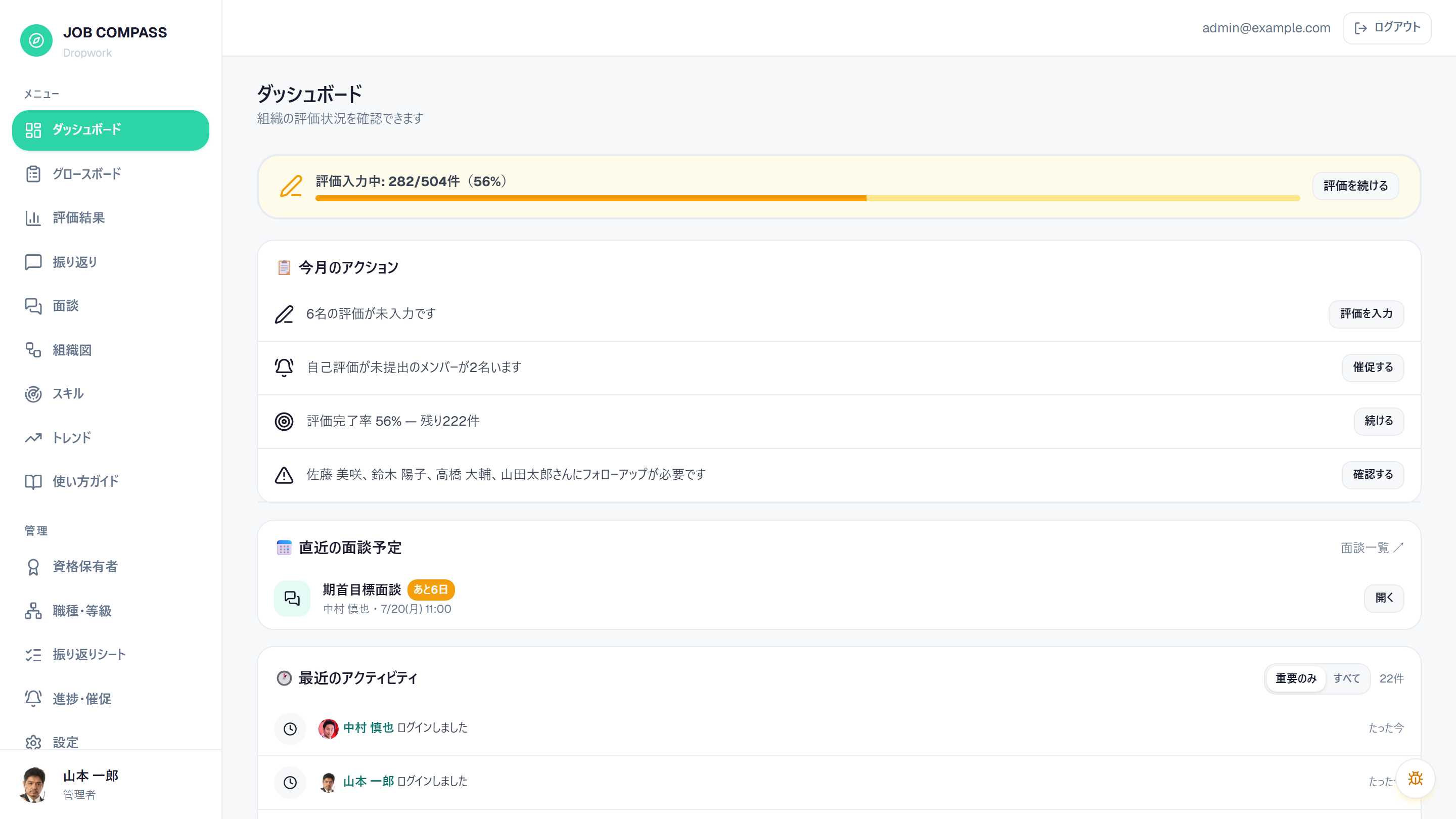 JOB COMPASS のダッシュボード。評価の入力状況、今月のアクション、直近の面談予定が並んでいる