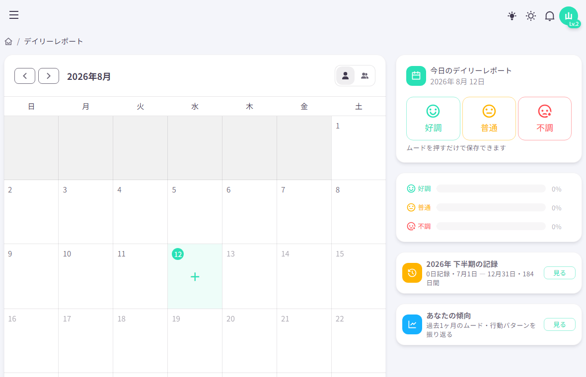 デイリーレポートの画面。カレンダーから過去の記録をいつでも振り返れる