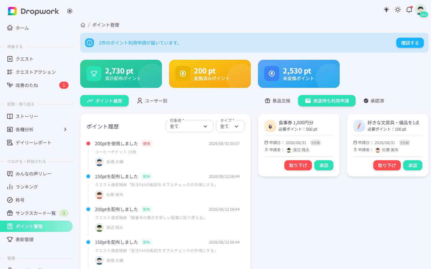 ポイント管理の画面。累計配布・変換済み・未変換のポイントと履歴、承認待ちの利用申請が並んでいる