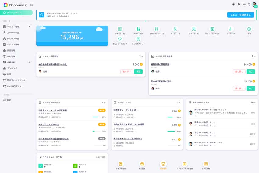Dropwork｜福利厚生と職場改善で離職防止・チーム活性化・業績改善を実現・ありがとうポイントも｜サービス画面